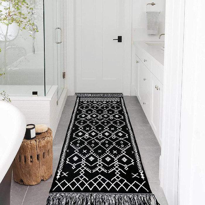 Dakota Fields Boho Bathroom Rug With Tassel,100 Woven Black Bohemian